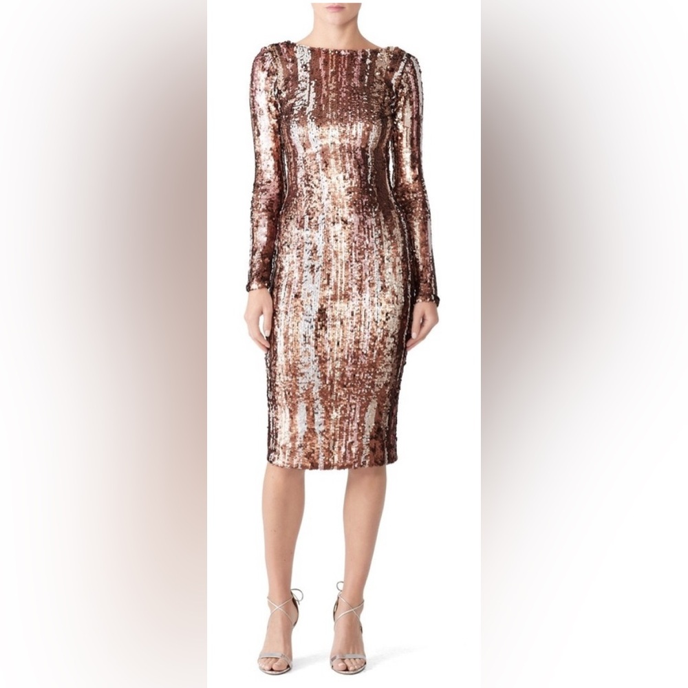 NWT Dress the Population Emery Sequin Midi Dress Matte Bronze Multi Medium - Picture 3 of 14